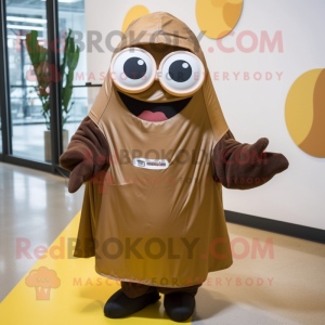 Brown Lasagna mascot costume character dressed with a Raincoat and Eyeglasses