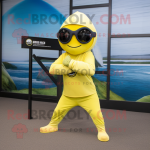 Lemon Yellow Marine Recon mascot costume character dressed with a Yoga Pants and Sunglasses