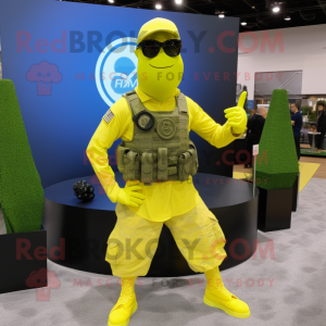 Lemon Yellow Marine Recon mascot costume character dressed with a Yoga Pants and Sunglasses