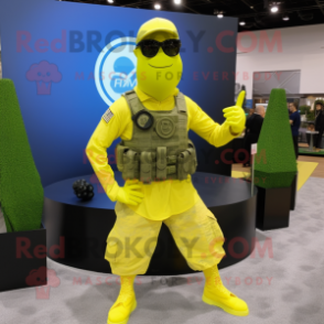Lemon Yellow Marine Recon mascot costume character dressed with a Yoga Pants and Sunglasses