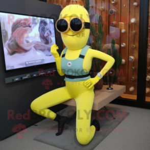 Lemon Yellow Marine Recon mascot costume character dressed with a Yoga Pants and Sunglasses