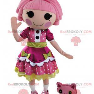 Doll mascot dressed in a beautiful pink and green dress -