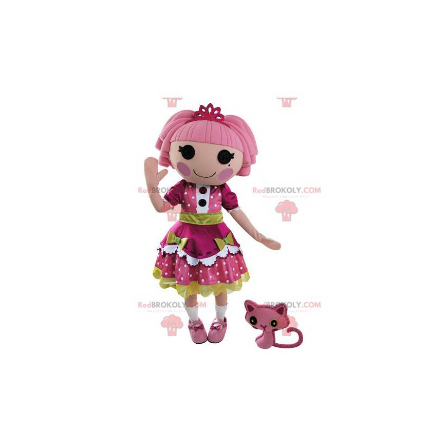 Doll mascotte gekleed in een mooie roze en groene jurk -