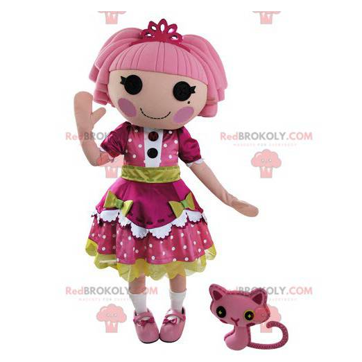 Doll mascot dressed in a beautiful pink and green dress -