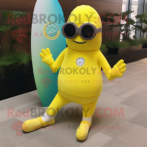 Lemon Yellow Marine Recon mascot costume character dressed with a Yoga Pants and Sunglasses