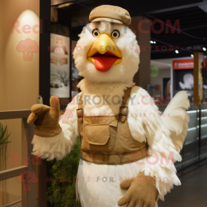 Beige Roosters mascot costume character dressed with a Dungarees and Mittens