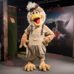 Beige Roosters mascot costume character dressed with a Dungarees and Mittens