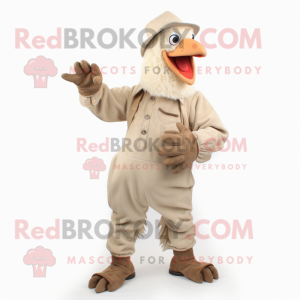 Beige Roosters mascot costume character dressed with a Dungarees and Mittens