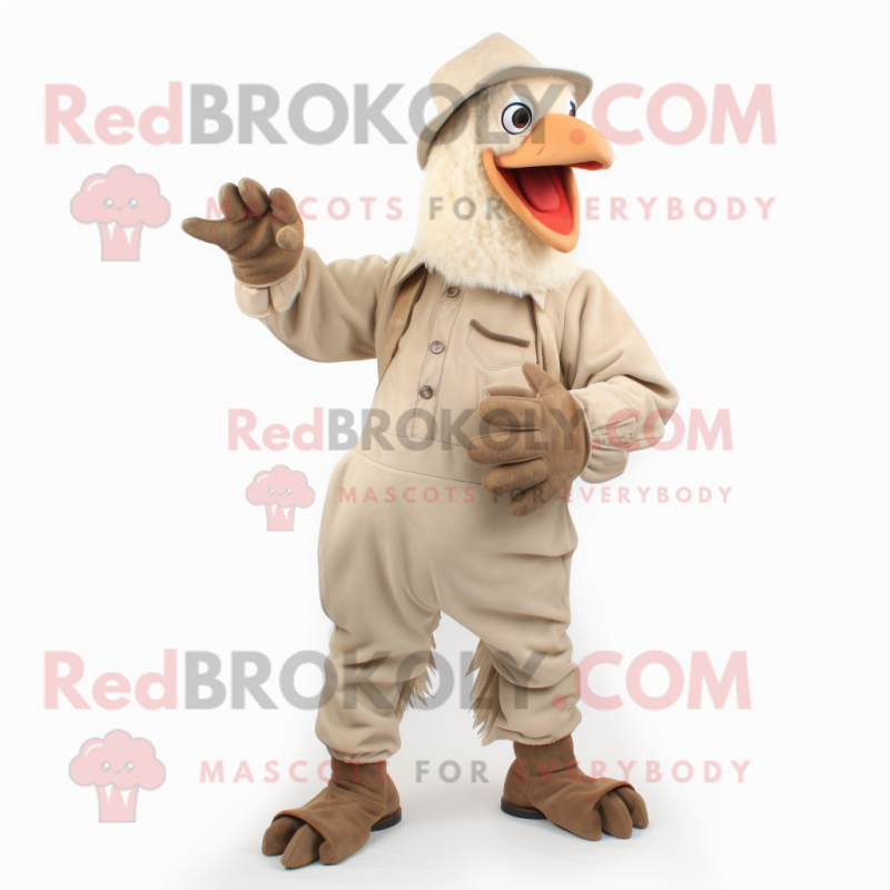 Beige Roosters mascot costume character dressed with a Dungarees and Mittens Beige Roosters mascot costume character dressed with a Dungarees and Mittens
