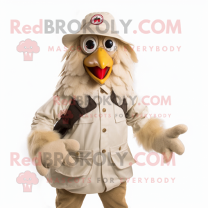 Beige Roosters mascot costume character dressed with a Dungarees and Mittens