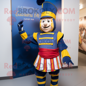 Navy Swiss Guard mascot costume character dressed with a Wrap Skirt and Headbands