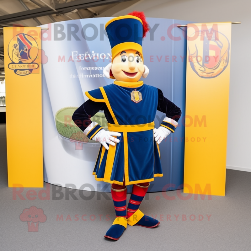 Navy Swiss Guard mascot costume character dressed with a Wrap Skirt and Headbands Navy Swiss Guard mascot costume character dressed with a Wrap Skirt and Headbands