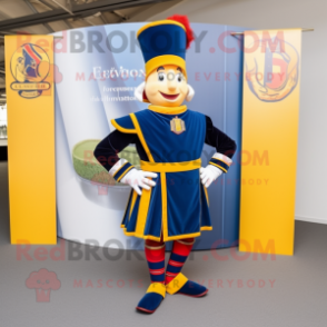 Navy Swiss Guard mascot costume character dressed with a Wrap Skirt and Headbands