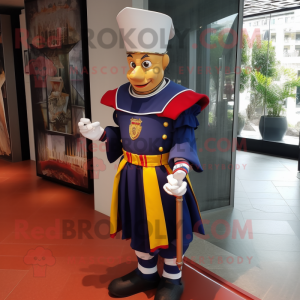 Navy Swiss Guard mascot costume character dressed with a Wrap Skirt and Headbands