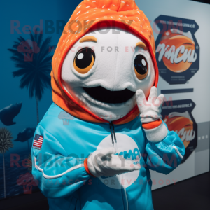 nan Fish Tacos mascot costume character dressed with a Windbreaker and Beanies