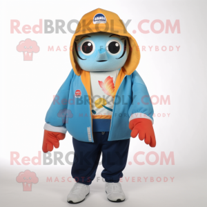 nan Fish Tacos mascot costume character dressed with a Windbreaker and Beanies