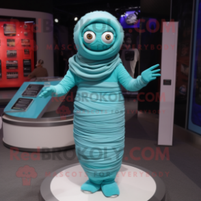 Turquoise Mummy mascot costume character dressed with a A-Line Skirt and Rings