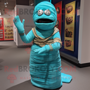 Turquoise Mummy mascot costume character dressed with a A-Line Skirt and Rings