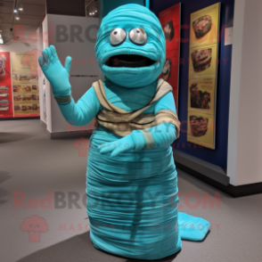 Turquoise Mummy mascot costume character dressed with a A-Line Skirt and Rings