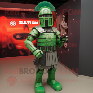 Green Spartan Soldier mascot costume character dressed with a Waistcoat and Bracelets