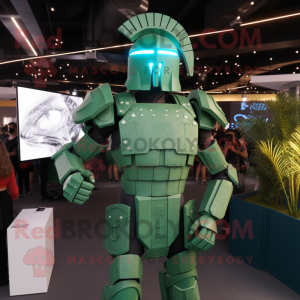 Green Spartan Soldier mascot costume character dressed with a Waistcoat and Bracelets