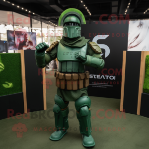 Green Spartan Soldier mascot costume character dressed with a Waistcoat and Bracelets
