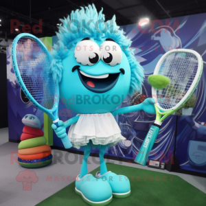 Cyan Tennis Racket mascot costume character dressed with a Bikini and Hairpins