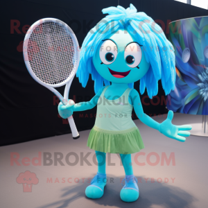 Cyan Tennis Racket mascot costume character dressed with a Bikini and Hairpins