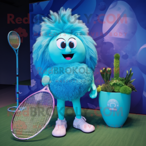 Cyan Tennis Racket mascot costume character dressed with a Bikini and Hairpins