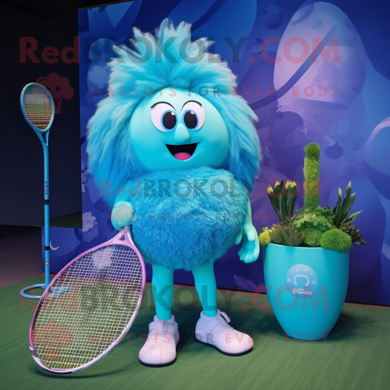 Cyan Tennis Racket mascot costume character dressed with a Bikini and Hairpins Cyan Tennis Racket mascot costume character dressed with a Bikini and Hairpins