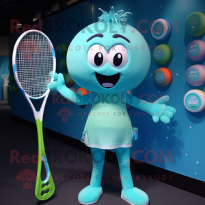 Cyan Tennis Racket mascot costume character dressed with a Bikini and Hairpins