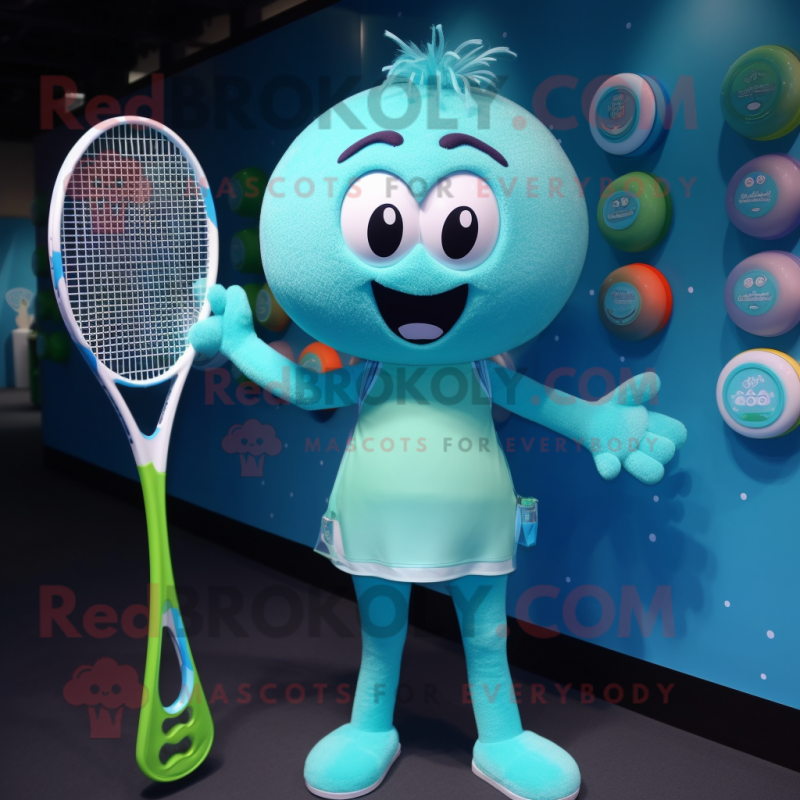 Cyan Tennis Racket mascot costume character dressed with a Bikini and Hairpins Cyan Tennis Racket mascot costume character dressed with a Bikini and Hairpins