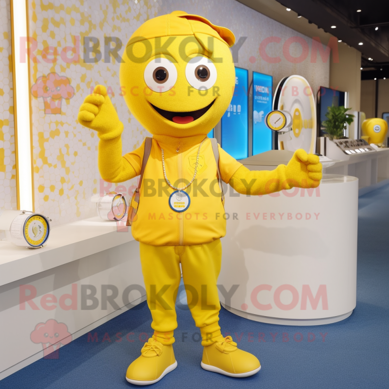 Yellow Bracelet mascot costume character dressed with a Capri Pants and Coin purses Yellow Bracelet mascot costume character dressed with a Capri Pants and Coin purses