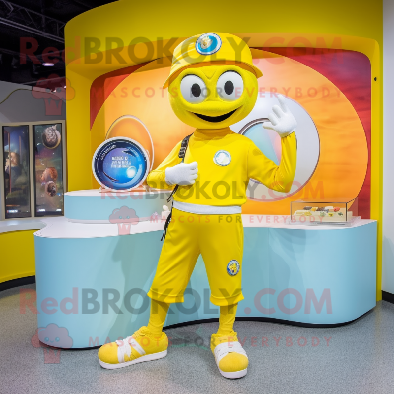 Yellow Bracelet mascot costume character dressed with a Capri Pants and Coin purses Yellow Bracelet mascot costume character dressed with a Capri Pants and Coin purses