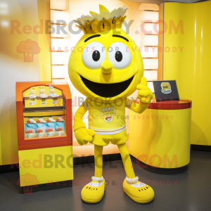 Yellow Bracelet mascot costume character dressed with a Capri Pants and Coin purses