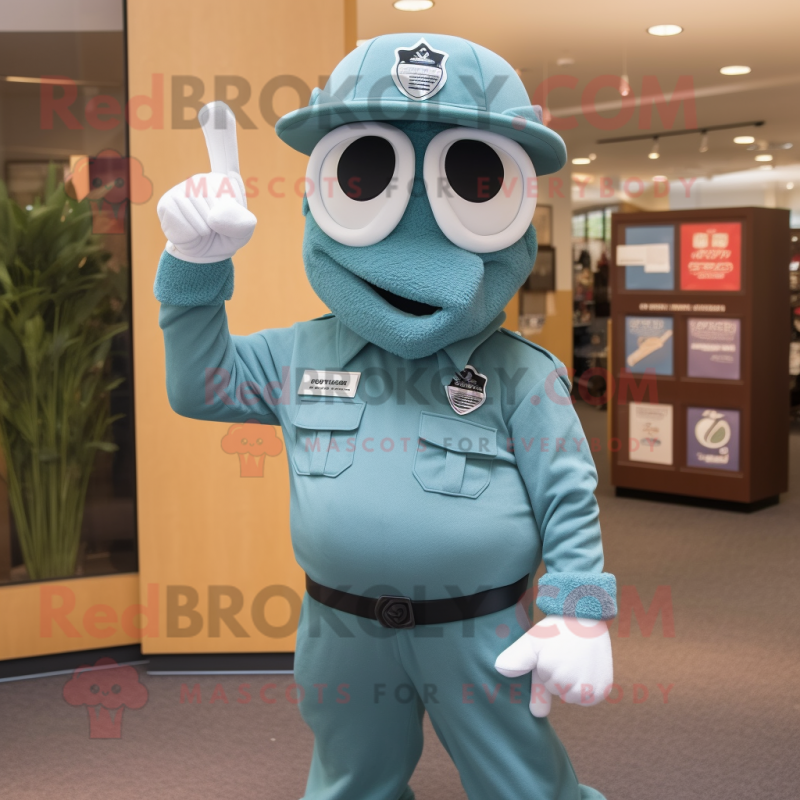 Teal Soldier mascot costume character dressed with a Shorts and Rings Teal Soldier mascot costume character dressed with a Shorts and Rings