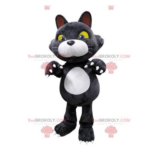 Mascote gato cinzento e branco com olhos amarelos -