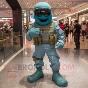 Teal Soldier mascot costume character dressed with a Shorts and Rings