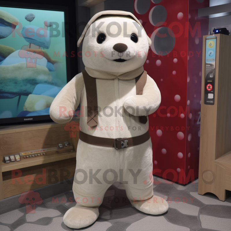 Cream Otter mascot costume character dressed with a Dungarees and Wraps Cream Otter mascot costume character dressed with a Dungarees and Wraps