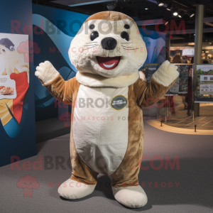 Cream Otter mascot costume character dressed with a Dungarees and Wraps