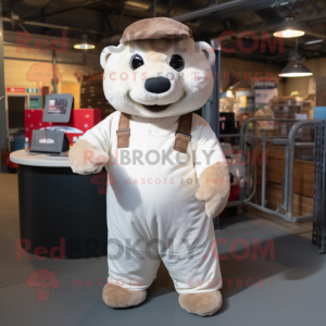 Cream Otter mascot costume character dressed with a Dungarees and Wraps