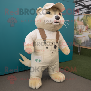 Cream Otter mascot costume character dressed with a Dungarees and Wraps