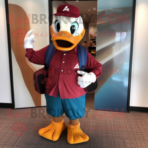 Maroon Duck mascot costume character dressed with a Dress Pants and Backpacks