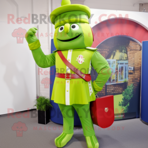 Lime Green British Royal Guard mascot costume character dressed with a Capri Pants and Tote bags