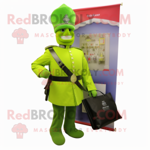 Lime Green British Royal Guard mascot costume character dressed with a Capri Pants and Tote bags