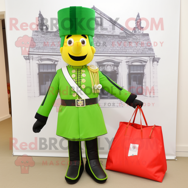 Lime Green British Royal Guard mascot costume character dressed with a Capri Pants and Tote bags