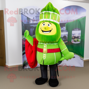 Lime Green British Royal Guard mascot costume character dressed with a Capri Pants and Tote bags