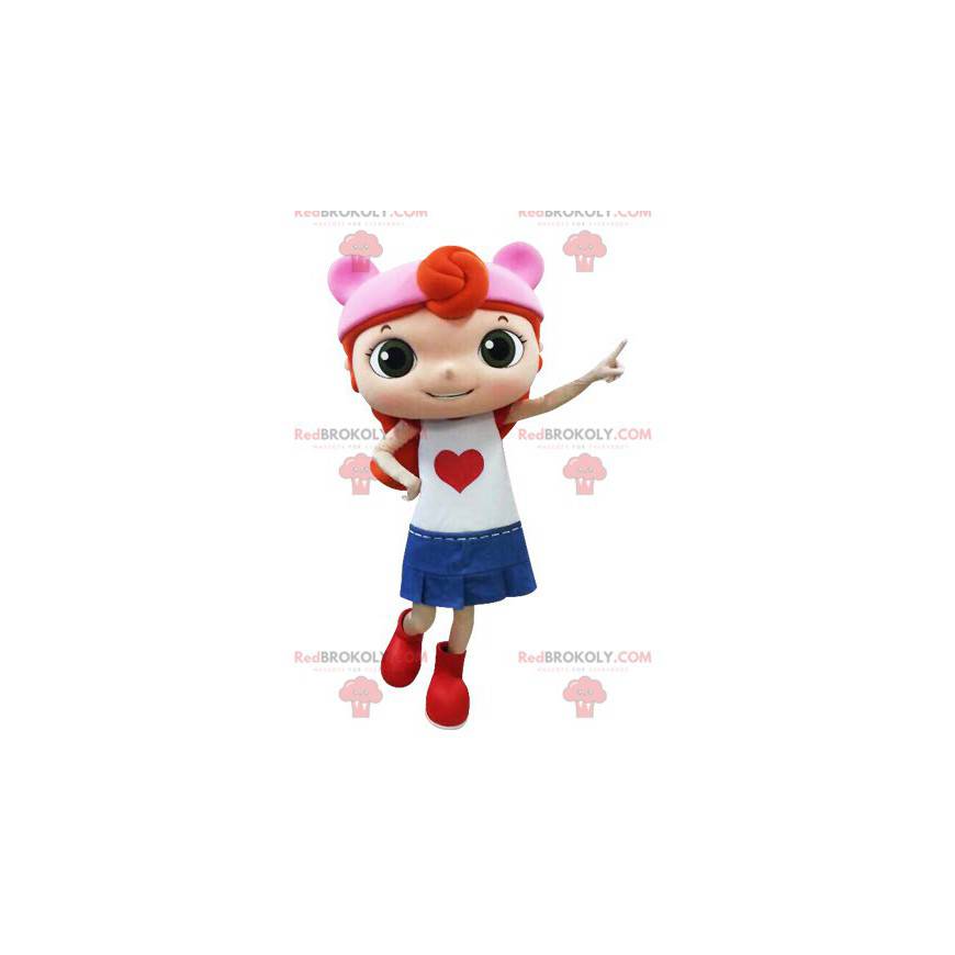 Red-haired girl mascot dressed in a skirt - Redbrokoly.com