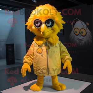 Lemon Yellow Harpy mascot costume character dressed with a Bomber Jacket and Sunglasses