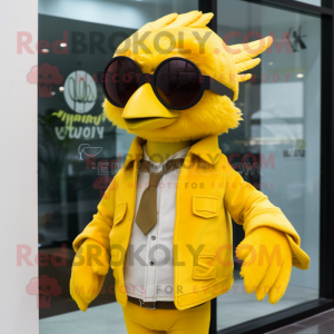 Lemon Yellow Harpy mascot costume character dressed with a Bomber Jacket and Sunglasses